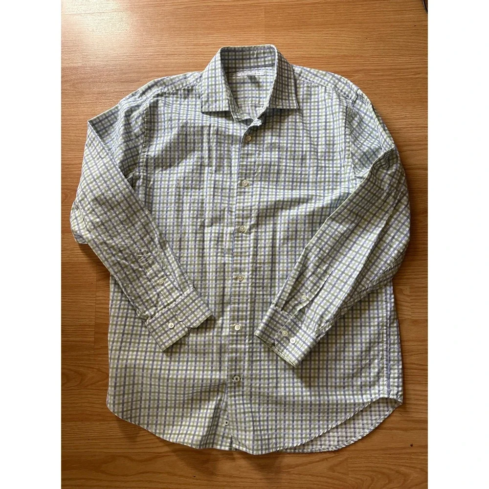 Banana Republic Button‎ Down Shirt Mens L Blue Green Check Cotton Casual
